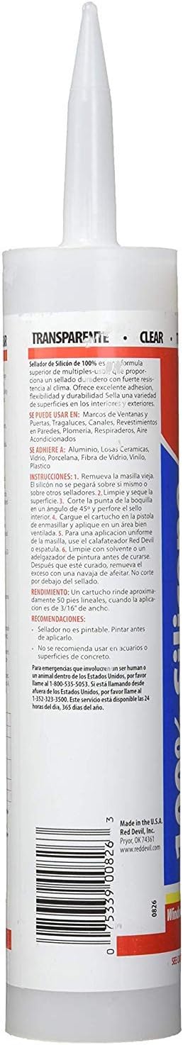 Red Devil 0826 100% Silicone Sealant for Interior and Exterior Use, 9.8 oz. CLEAR Red Devil 0826 100% Silicone Sealant for Interior and Exterior Use, 9.8 oz. CLEAR